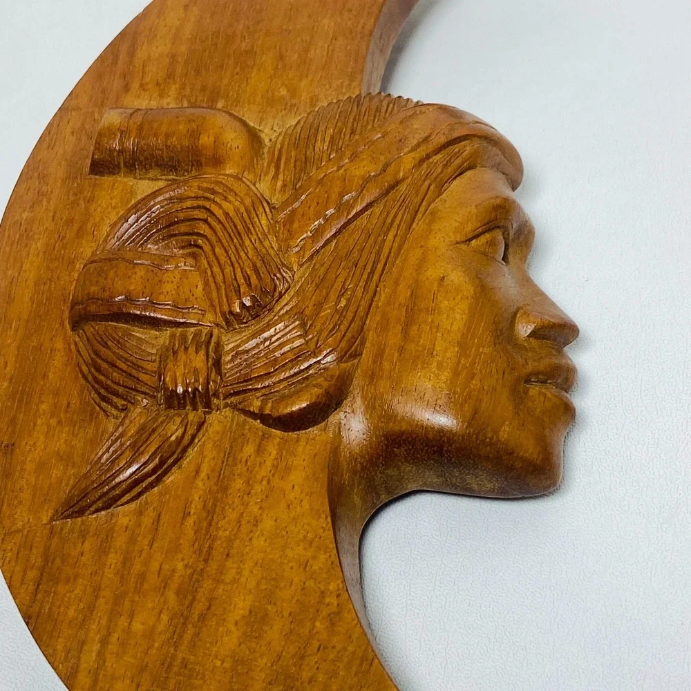 Vintage Pair‎ of Native American Indian Wooden Carved Moons Wall Hangings